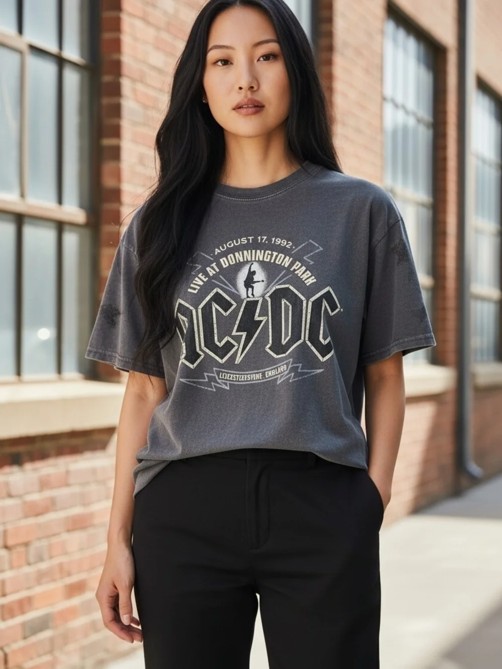 AC/DC Graphic Band Tee in Washed Charcoal Flaw